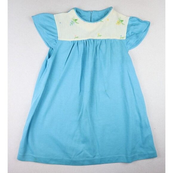 VINTAGE 1960'S 1970'S  GIRL'S BLUE EMBROIDERED DRESS - SIZE M - SPOTS - Picture 1 of 12